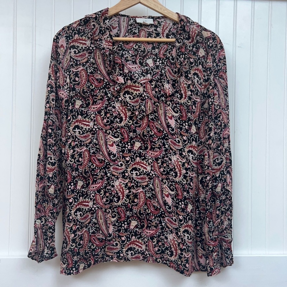 J.Jill Blouse Black Red Paisley Whimsigoth Fairy Dainty Career Women's Ruffle M